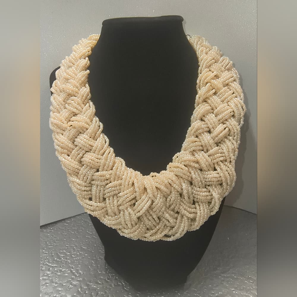 Vintage Braided Cream Beaded Necklace - Thumbnail 5
