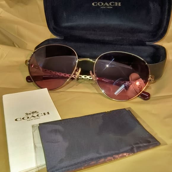 COACH Light Gold & Reddish Brown Women's Aviator Sunglasses with Case (HC7114) - Thumbnail 17