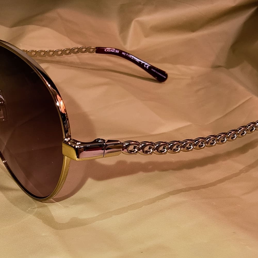 COACH Light Gold & Reddish Brown Women's Aviator Sunglasses with Case (HC7114) - Thumbnail 3