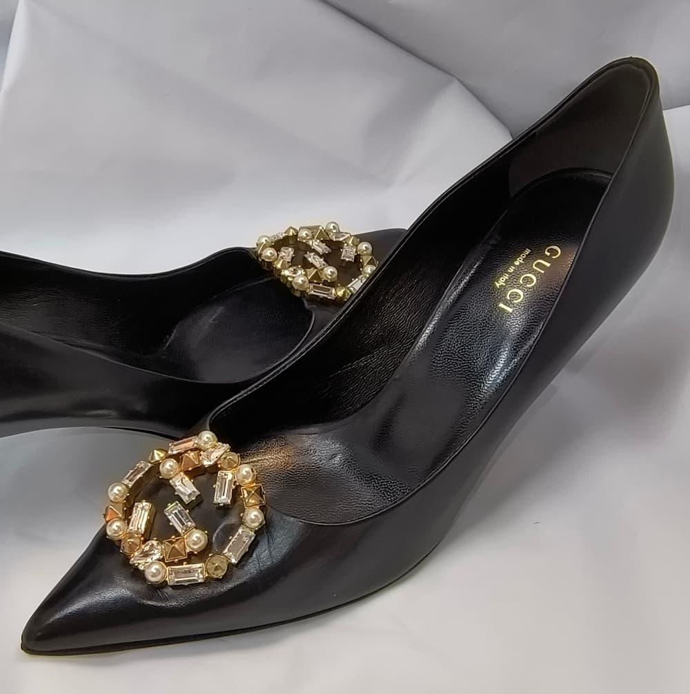 GUCCI Black Heels with Gold & Crystal Accents, Size 36 - Thumbnail 11