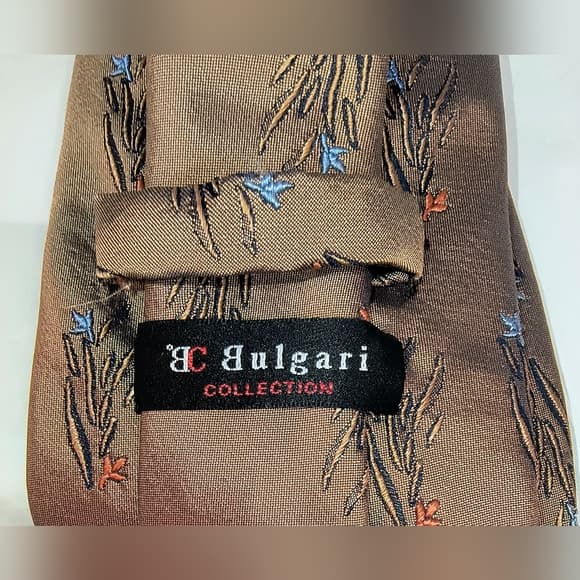 BVLGARI Collection Vintage Tan Tie with Blue and Orange Floral Design - Thumbnail 7