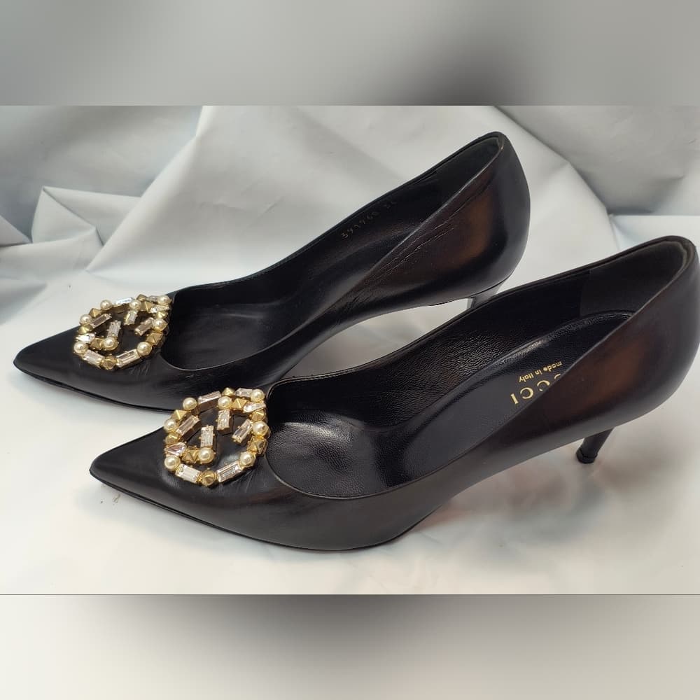 GUCCI Black Heels with Gold & Crystal Accents, Size 36