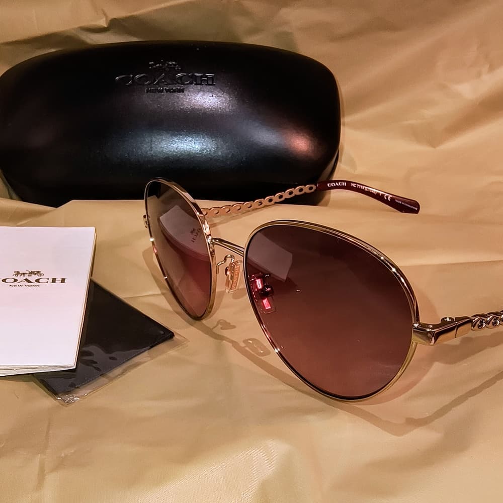 COACH Light Gold & Reddish Brown Women's Aviator Sunglasses with Case (HC7114) - Thumbnail 2
