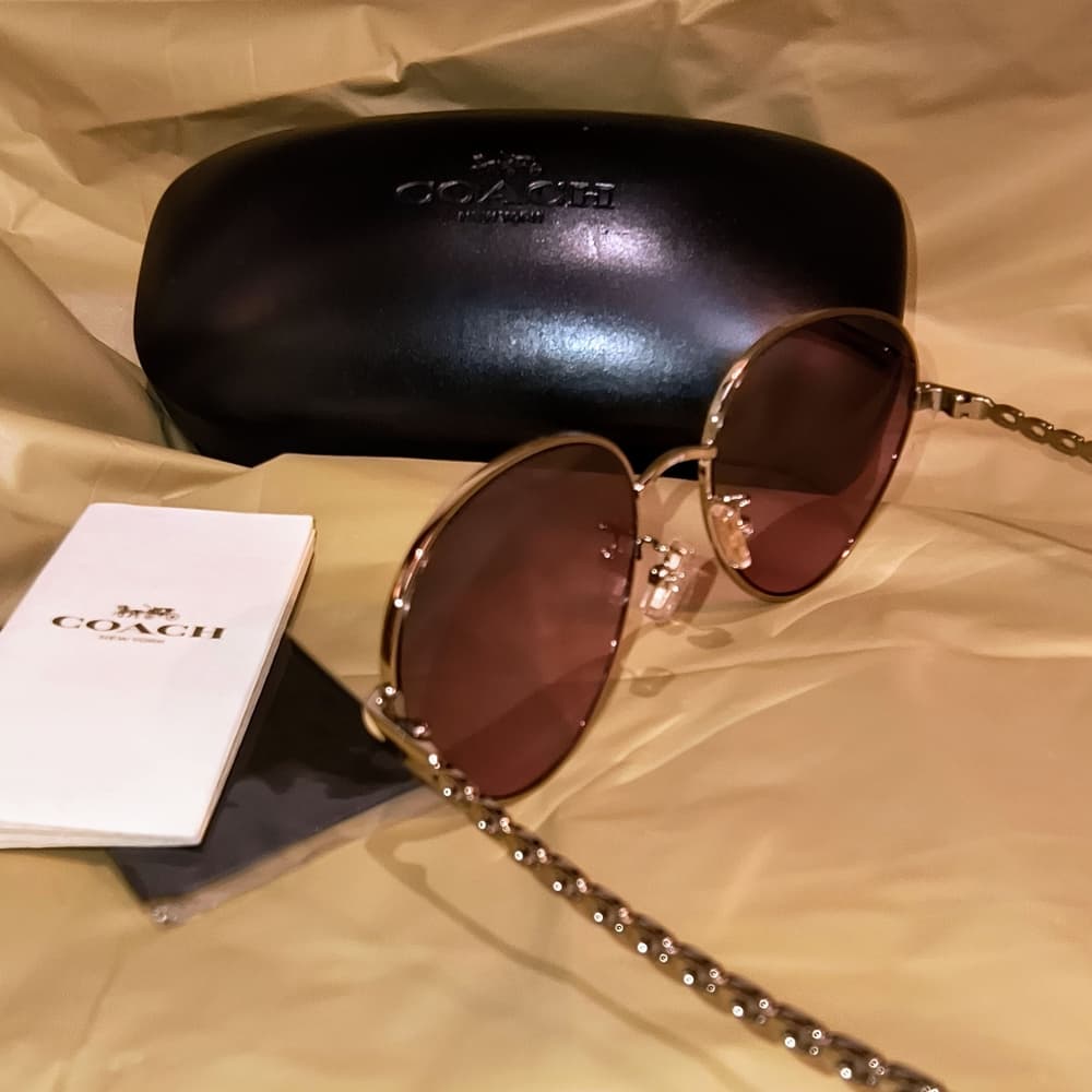 COACH Light Gold & Reddish Brown Women's Aviator Sunglasses with Case (HC7114)