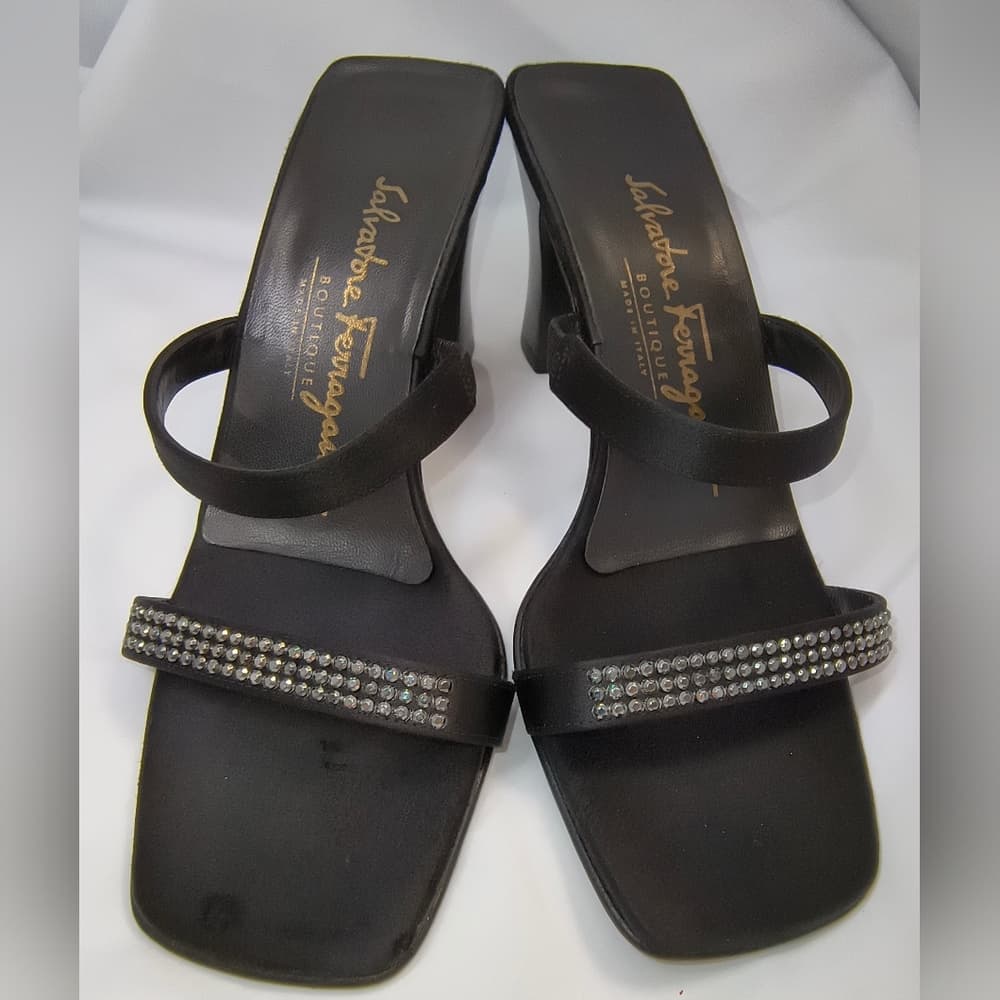 FERRAGAMO - Salvatore Ferragamo Satin & Crystal-Embellished Block Heel Sandals - Thumbnail 13