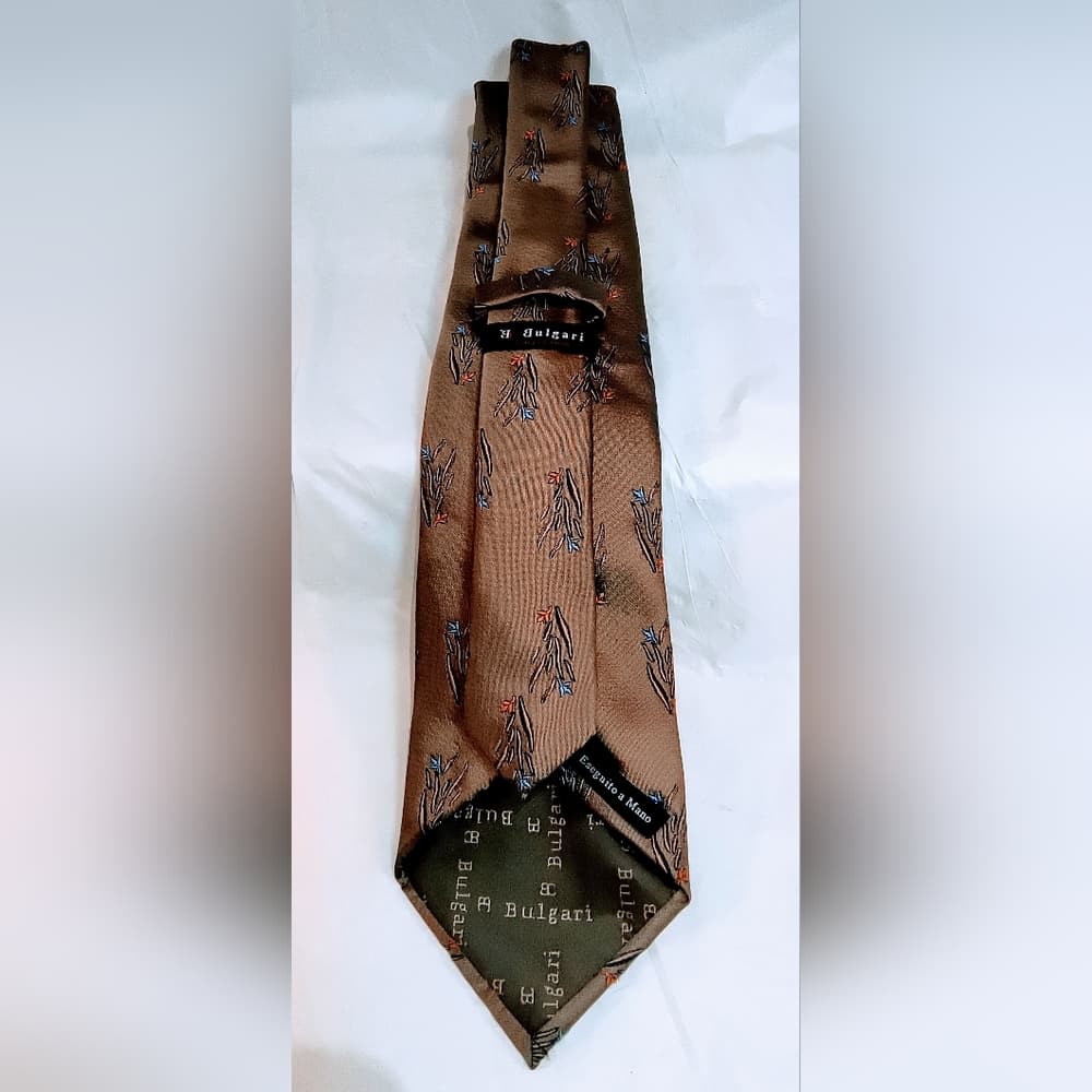 BVLGARI Collection Vintage Tan Tie with Blue and Orange Floral Design - Thumbnail 5