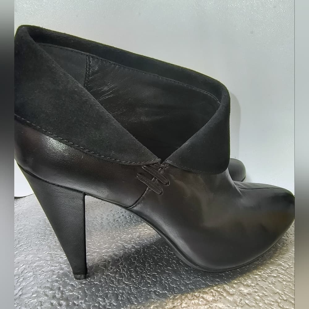 COACH Annika Heeled Ankle Bootie in Black Leather with a Suede Fold-Over Cuff
