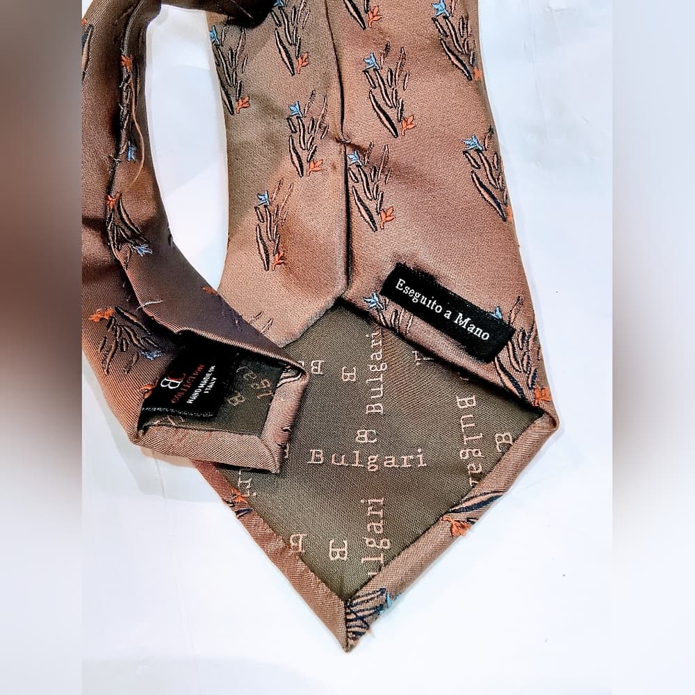 BVLGARI Collection Vintage Tan Tie with Blue and Orange Floral Design - Thumbnail 4