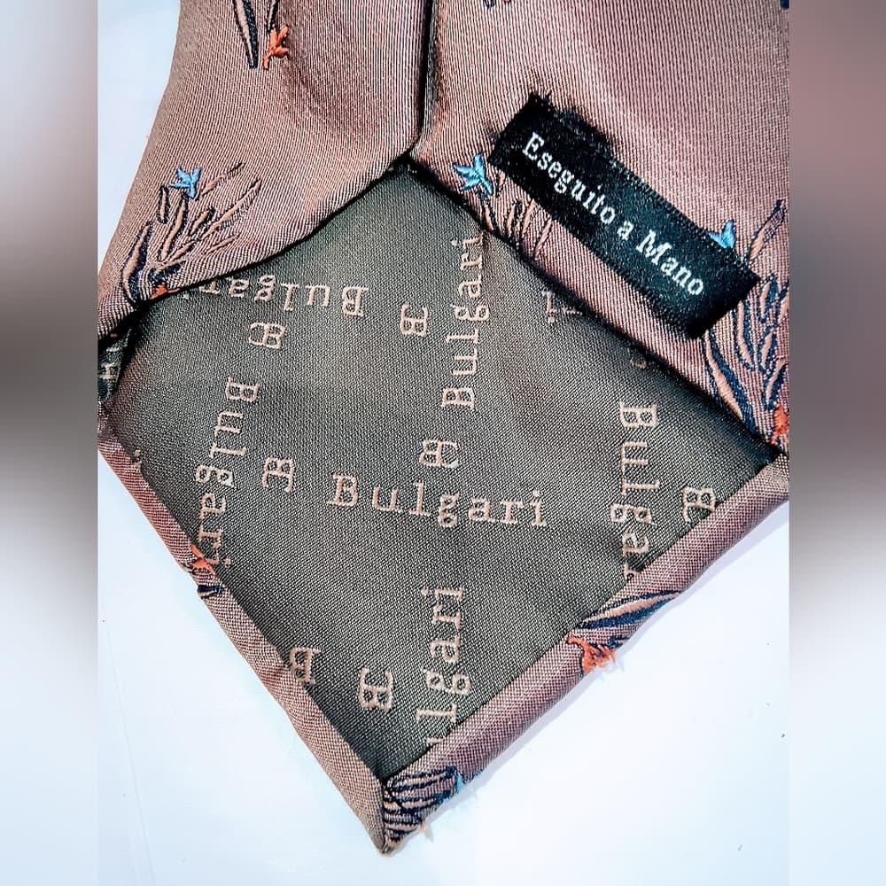 BVLGARI Collection Vintage Tan Tie with Blue and Orange Floral Design - Thumbnail 2