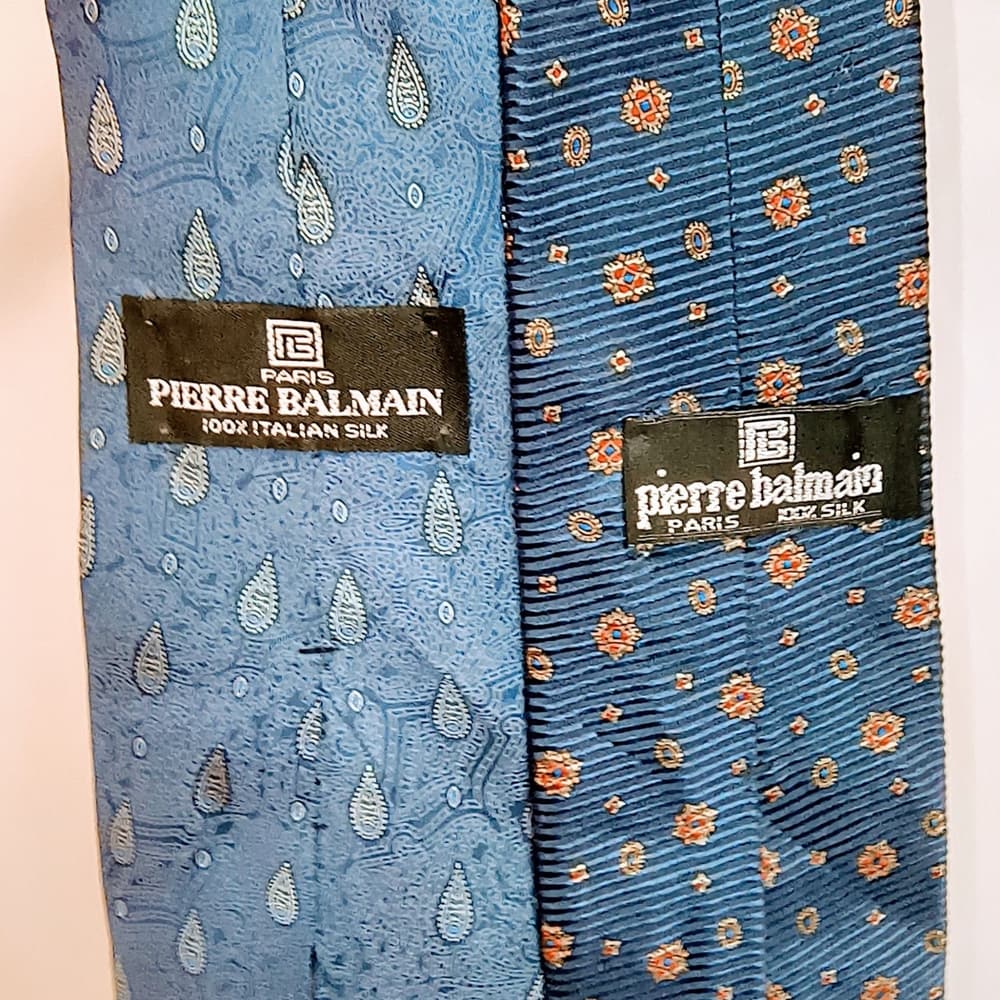 BALMAIN - 2 Pierre Balmain Blue Italian Silk Ties with Paisley & Floral Patterns - Thumbnail 9