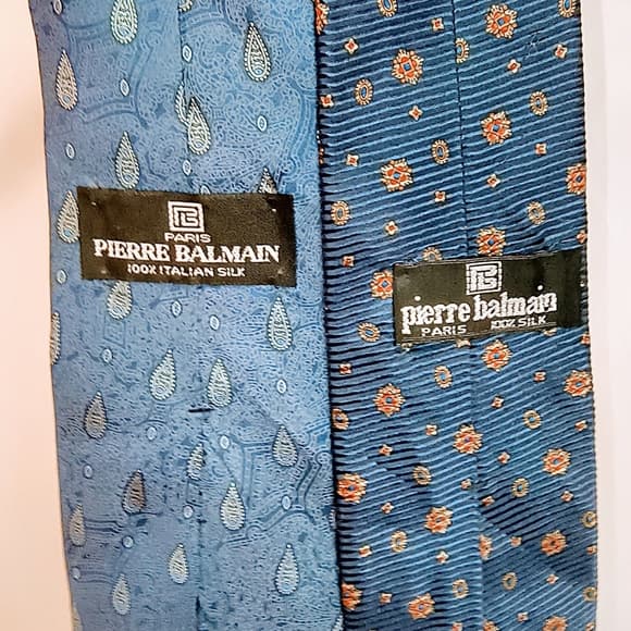BALMAIN - 2 Pierre Balmain Blue Italian Silk Ties with Paisley & Floral Patterns - Thumbnail 10
