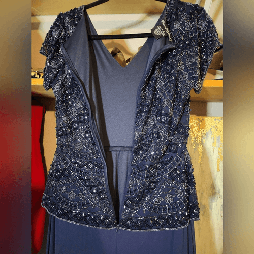 Navy Blue Beaded Formal Mother Of the Bride Dress Pisarro Nights - Thumbnail 8