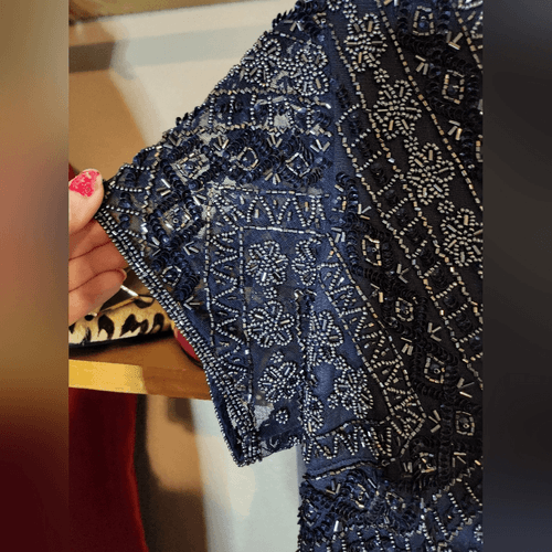 Navy Blue Beaded Formal Mother Of the Bride Dress Pisarro Nights - Thumbnail 5