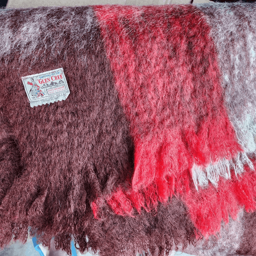 Vintage Mid Century Glen Cree Red and Brown Plaid 100% Mohair Throw Blanket - Thumbnail 4