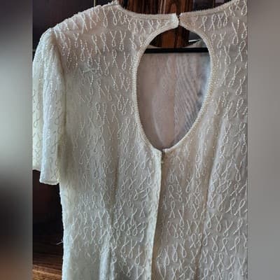 Silky Nites White Ivory Silk Fully Beaded 1980s Formal Dress - Thumbnail 12