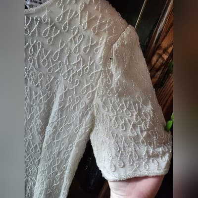Silky Nites White Ivory Silk Fully Beaded 1980s Formal Dress - Thumbnail 8
