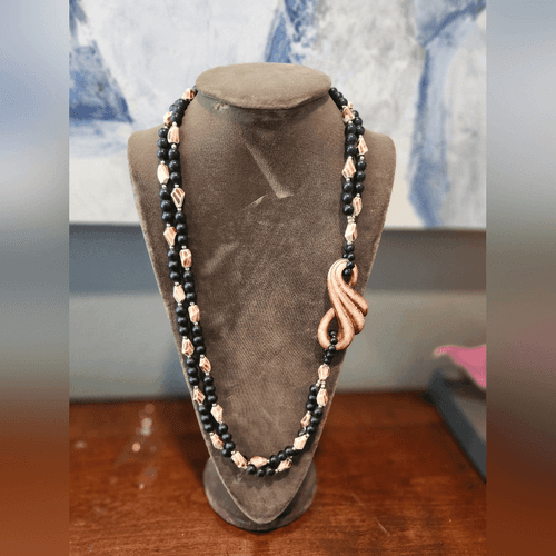 Vintage Brown and Black Plastic Beaded Double Layer Ornate Artsy Necklace - Thumbnail 2