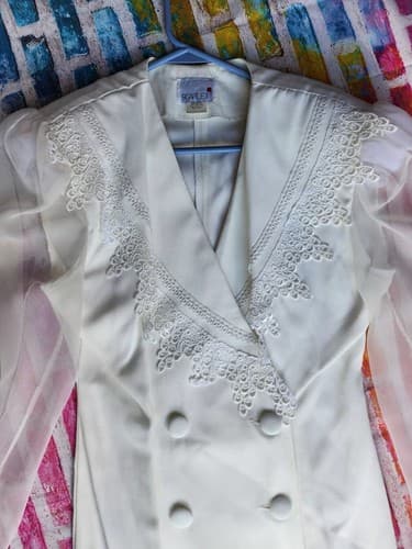 Vintage Scarlette White Double Breasted Lace Collar Sheer Sleeve Formal Dress - Thumbnail 9