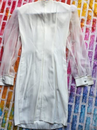 Vintage Scarlette White Double Breasted Lace Collar Sheer Sleeve Formal Dress - Thumbnail 4