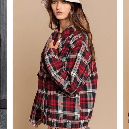 Red and Black Plaid Oversized Fit Frayed Quilted POL Jacket - Thumbnail 3