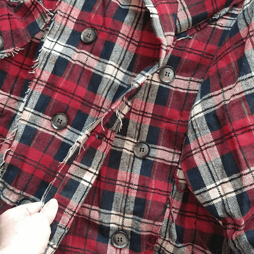 Red and Black Plaid Oversized Fit Frayed Quilted POL Jacket - Thumbnail 9
