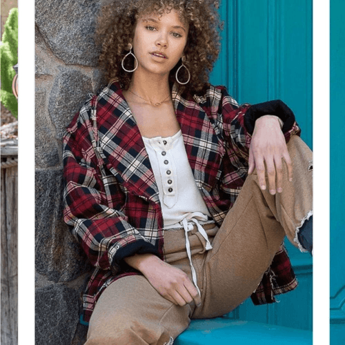 Red and Black Plaid Oversized Fit Frayed Quilted POL Jacket - Thumbnail 2