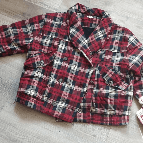 Red and Black Plaid Oversized Fit Frayed Quilted POL Jacket - Thumbnail 6