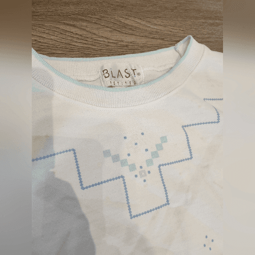 Vintage 90s Chic White and Blue Geometric Patterned Pullover Sweatshirt - Thumbnail 3