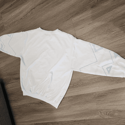 Vintage 90s Chic White and Blue Geometric Patterned Pullover Sweatshirt - Thumbnail 7