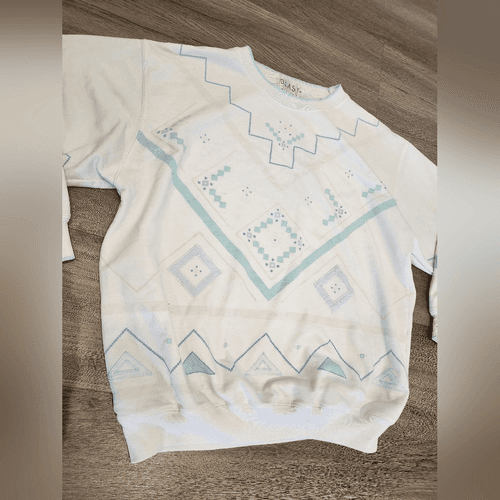 Vintage 90s Chic White and Blue Geometric Patterned Pullover Sweatshirt - Thumbnail 2