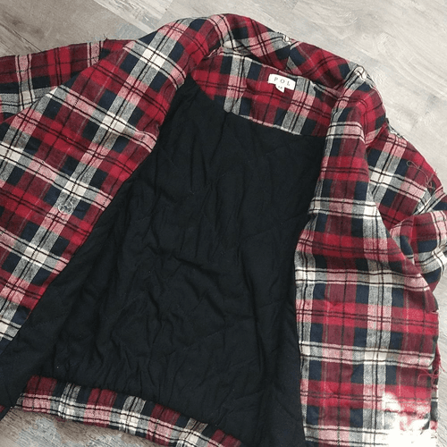 Red and Black Plaid Oversized Fit Frayed Quilted POL Jacket - Thumbnail 10