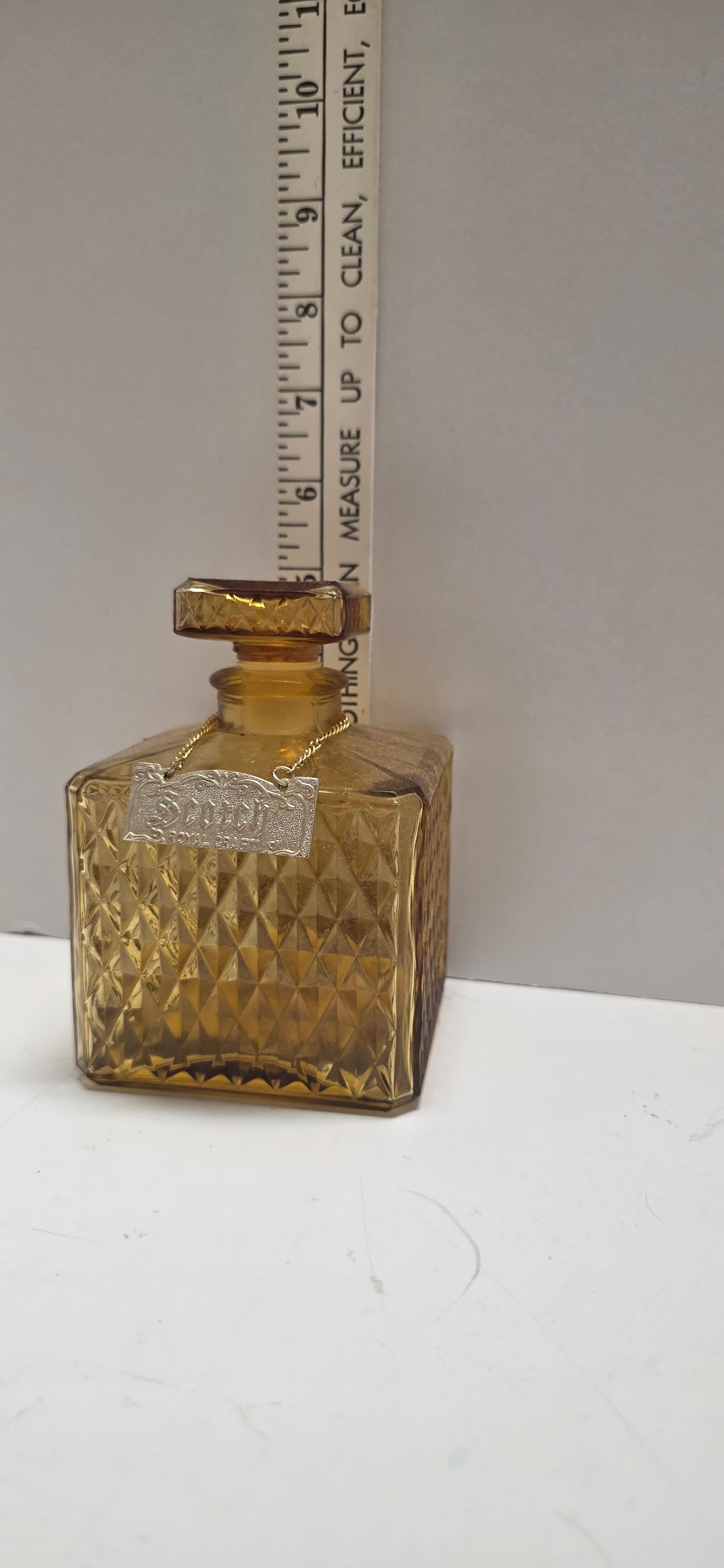 Vintage Royal Craft Amber Glass Decanter Scotch Bottle Diamond Point Square 70s - Thumbnail 3