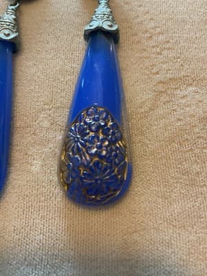 Antique Victorian BOHEMIAN Blue Glass Dangle Earrings 2” CZECH Signed - Thumbnail 2