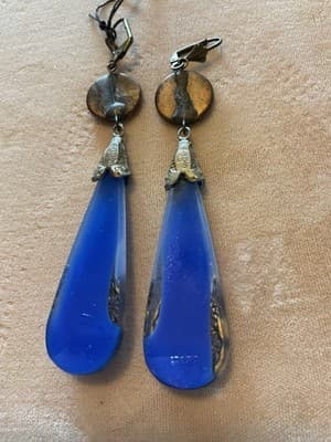 Antique Victorian BOHEMIAN Blue Glass Dangle Earrings 2” CZECH Signed - Thumbnail 3