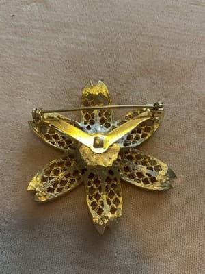 Vintage 1970’s Goldtone Metal Filigree Flower With Blue Crystal Brooch NOS - Thumbnail 3