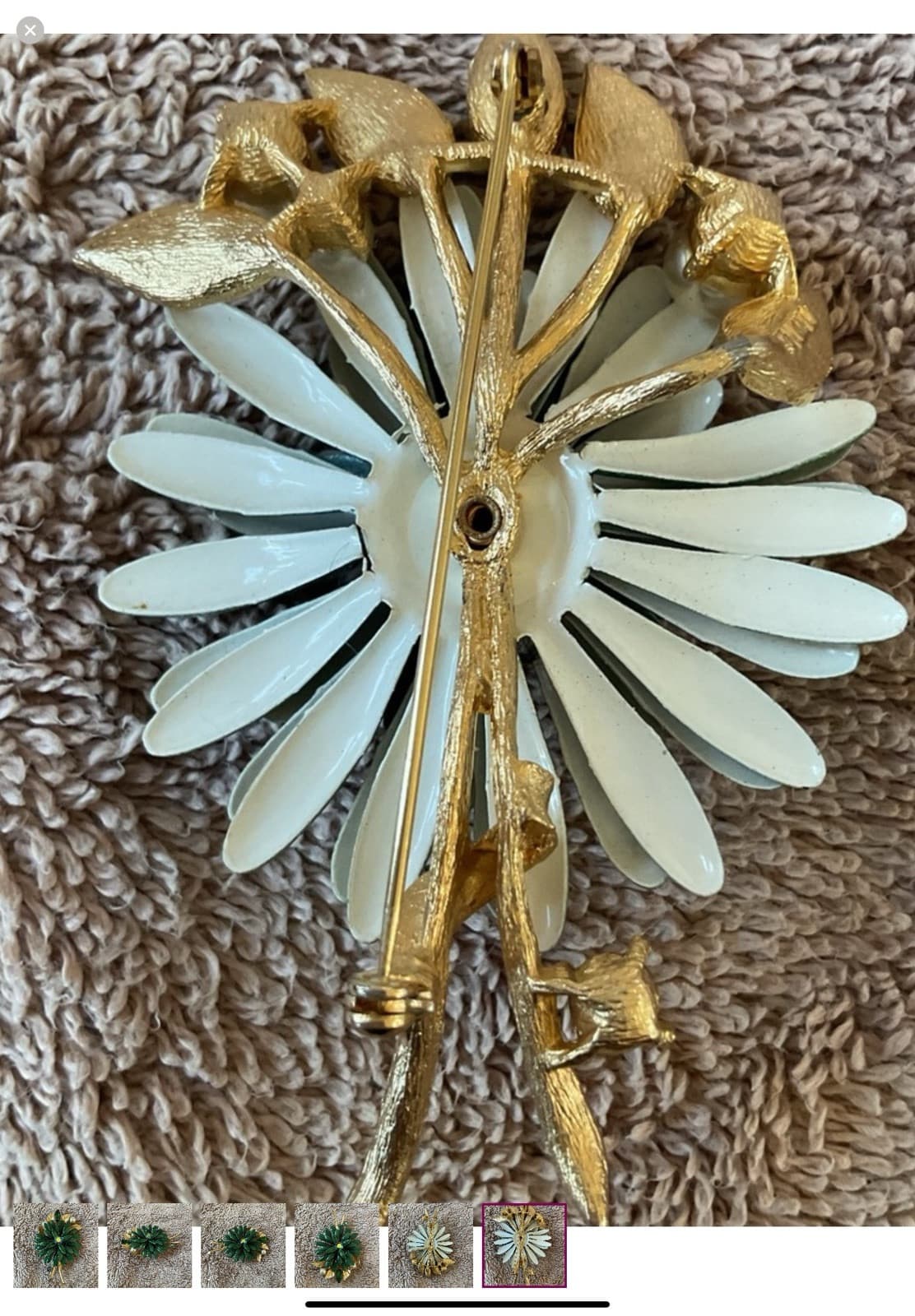 Lisner 1950s METAL ENAMEL RHINESTONES & PEARLS FLOWER BROOCH Excellent Condition - Thumbnail 6