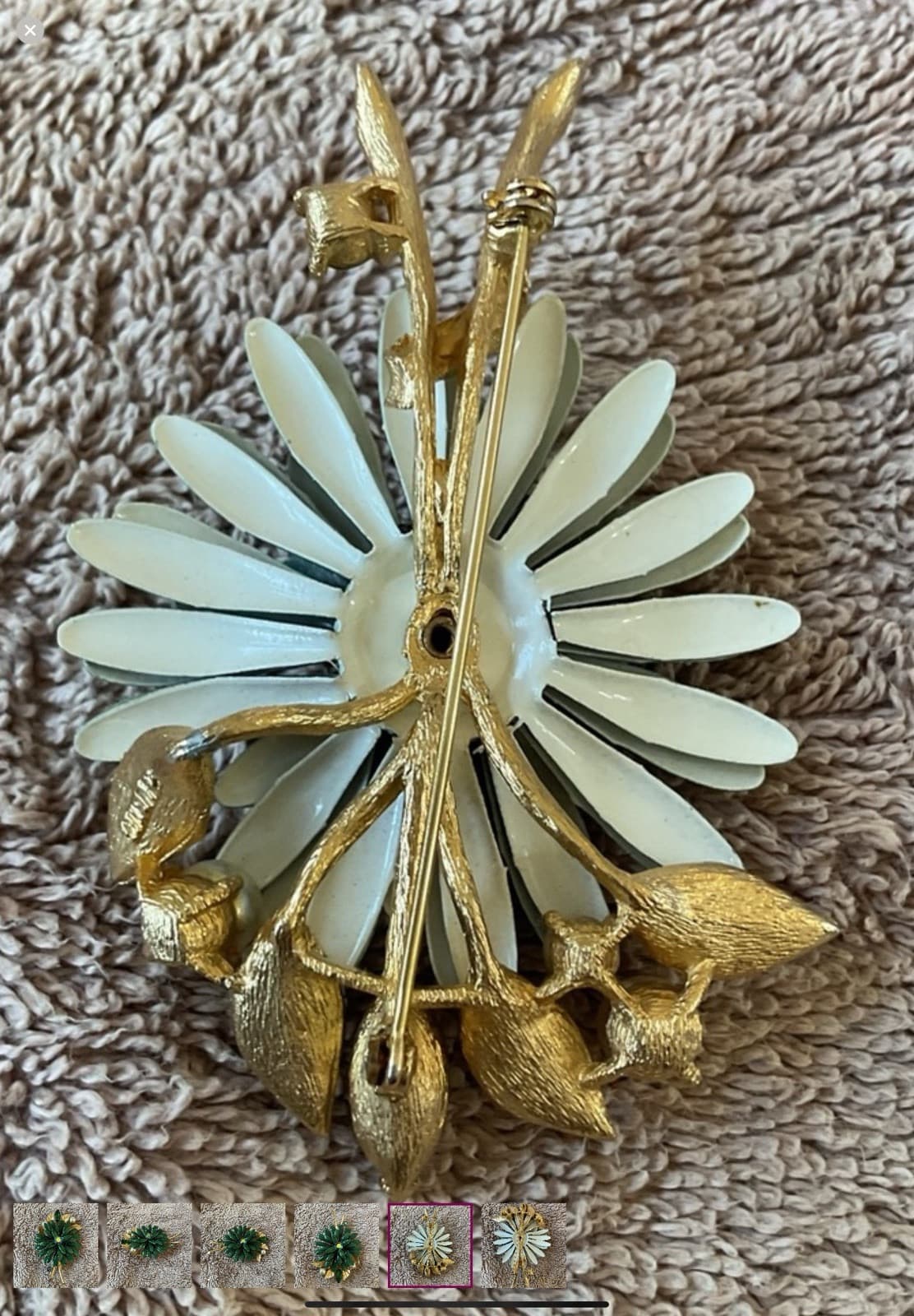 Lisner 1950s METAL ENAMEL RHINESTONES & PEARLS FLOWER BROOCH Excellent Condition - Thumbnail 5
