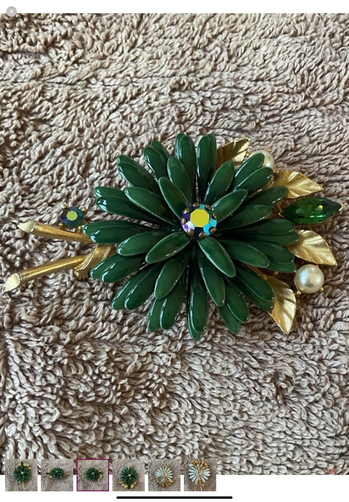 Lisner 1950s METAL ENAMEL RHINESTONES & PEARLS FLOWER BROOCH Excellent Condition - Thumbnail 3