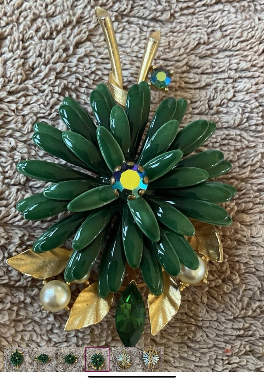 Lisner 1950s METAL ENAMEL RHINESTONES & PEARLS FLOWER BROOCH Excellent Condition - Thumbnail 4