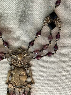 RARE 1800’s Purple Egyptian Revival Czech Glass & Rhinestone Jubilee Necklace - Thumbnail 3