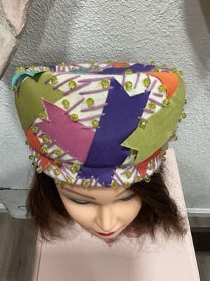 CHRISTIAN DIOR Authentic 1960’s Mod/Go-Go Ribbon, Velvet, Yarn, Bead Hat - Thumbnail 2
