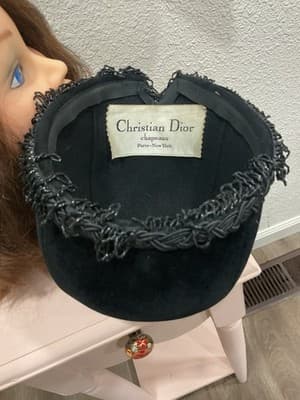 Authentic 1960’s CHRISTIAN DIOR Designer Black Velvet Beaded Hat RARE - Thumbnail 2