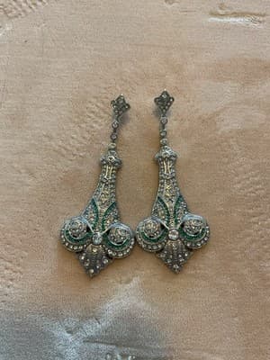 Art Deco Style Lab-Created Diamond Emerald Dangle/Drop 14K Gold Filled Earrings - Thumbnail 2