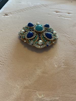Vintage Goldtone Brooch With Cabashon, Blue Turquoise, Pearls & Crystals NOS - Thumbnail 4