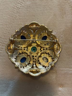 Vintage Goldtone Brooch With Cabashon, Blue Turquoise, Pearls & Crystals NOS - Thumbnail 5