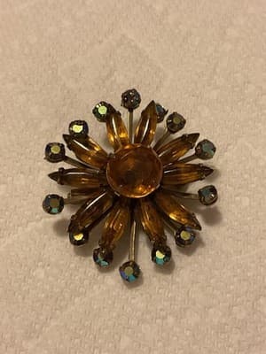 Vintage 1930’s Brilliant Amber Rhinestones & Aurora Borealis Rhinestones Brooch - Thumbnail 2