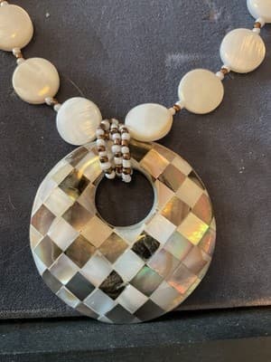 Vintage White Mother of Pearl Checkerboard Pendant & Bead Chain Necklace 20” - Thumbnail 5