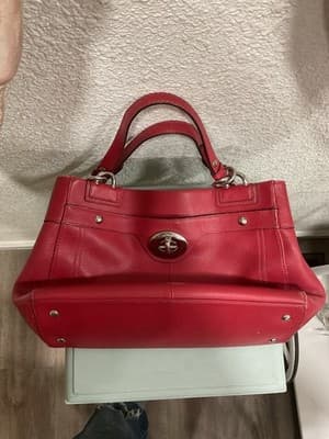 Coach Red Pebbled Leather Turn Lock Double Handles Satchel Shoulder Bag - Thumbnail 3