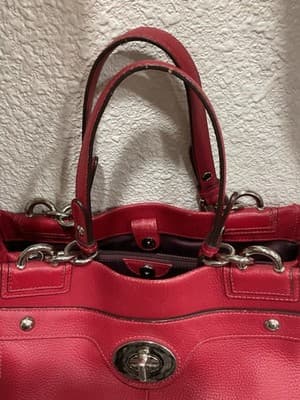 Coach Red Pebbled Leather Turn Lock Double Handles Satchel Shoulder Bag - Thumbnail 5