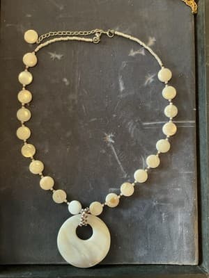 Vintage White Mother of Pearl Checkerboard Pendant & Bead Chain Necklace 20” - Thumbnail 4